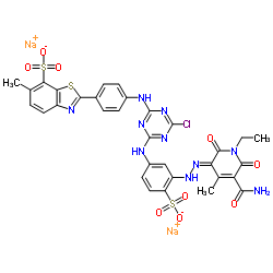 disodium,2-[4-[[4-[3-[(2E)-2-(5-carbamoyl-1-ethyl-4-methyl-2,6-dioxopyridin-3-ylidene)hydrazinyl]-4-sulfonatoanilino]-6-chloro-1,3,5-triazin-2-yl]amino]phenyl]-6-methyl-1,3-benzothiazole-7-sulfonate